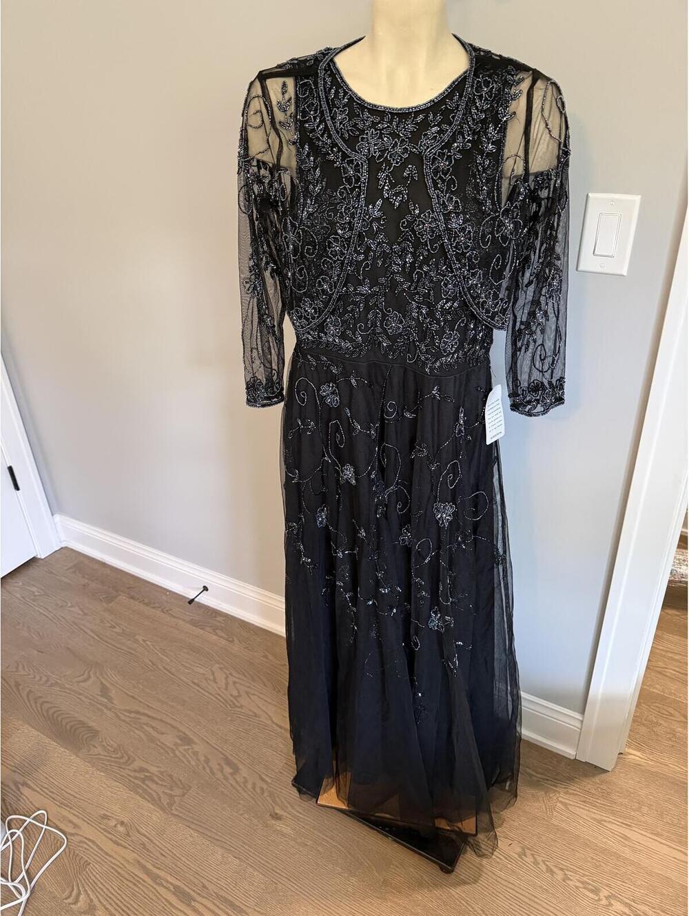 Black Beaded Sheer Sleeve Evening Dress